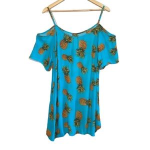 Pineapple Print Cold Shoulder Blue Summer Dress